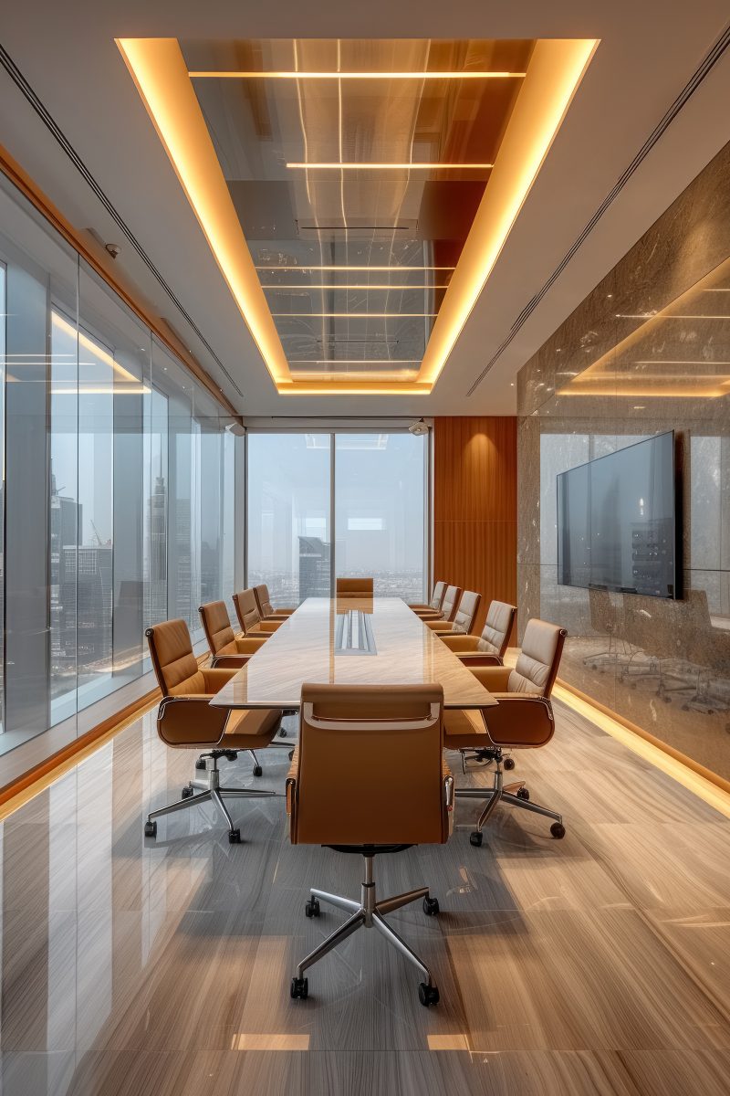 Empty modern meeting room with long wooden table, brown chairs and glass partitions in bright office.